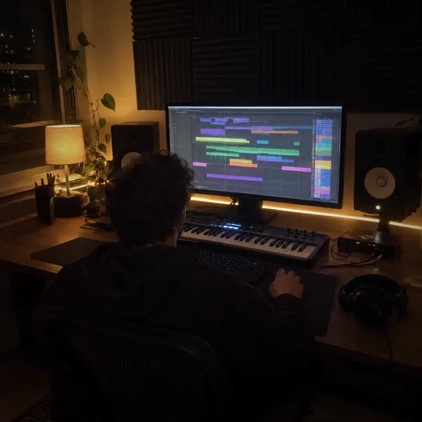 A producer at night in the studio, seen from behind. AI-generated image.