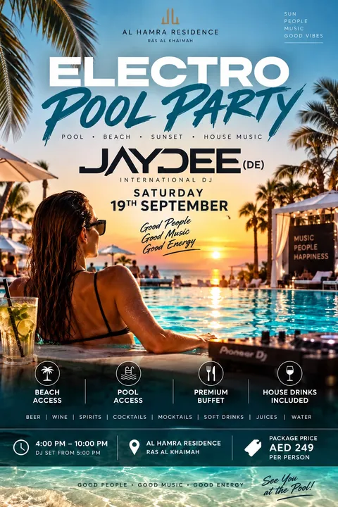 The flyer of the Electro Pool Party with JayDee, Saturday 19 September, Al Hamra Residence