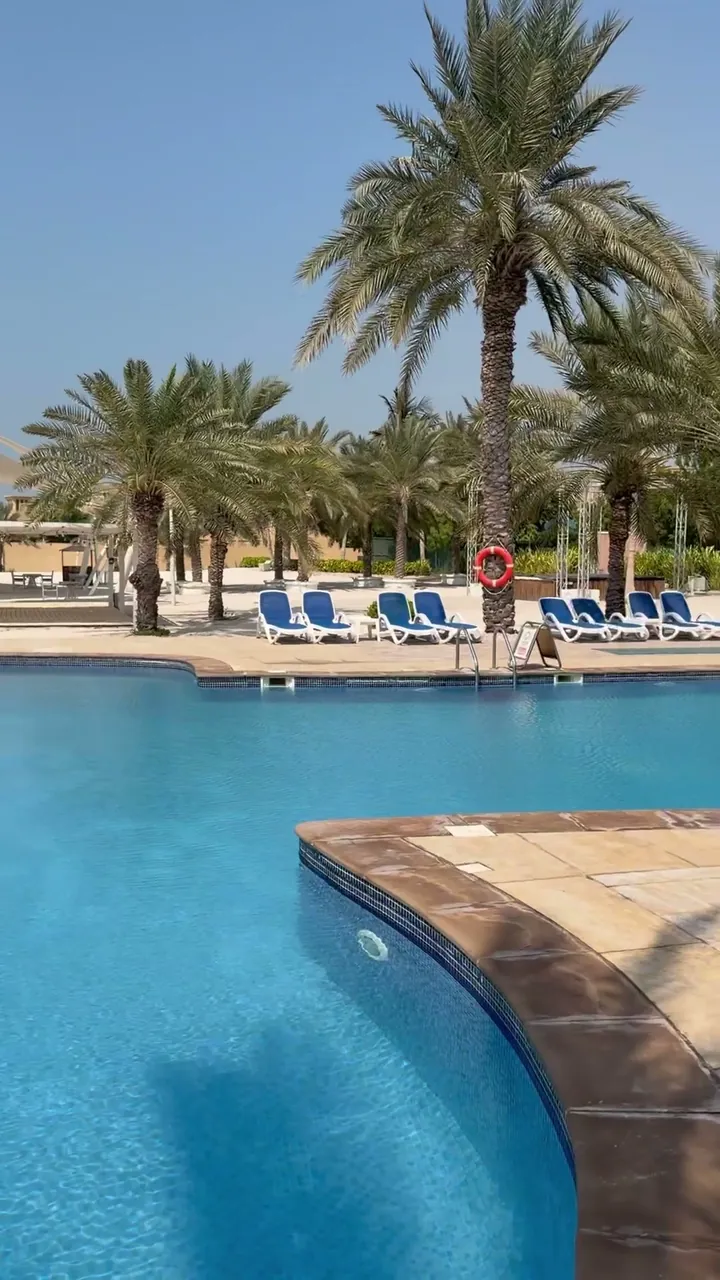 The pool of Al Hamra Residence at 4 pm: palm tree, red lifebuoy, empty loungers. Footage by Kay.