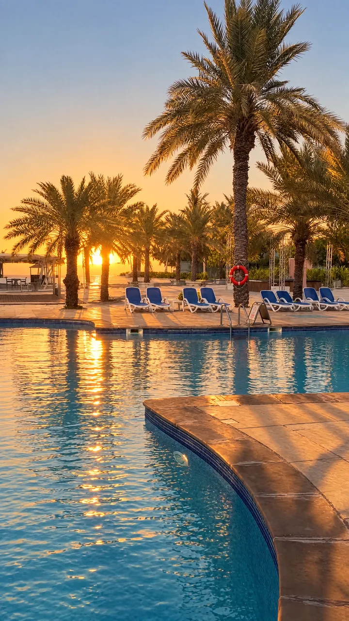 The same view at sunset, the sun sinks behind the palms into the sea. AI-generated image.