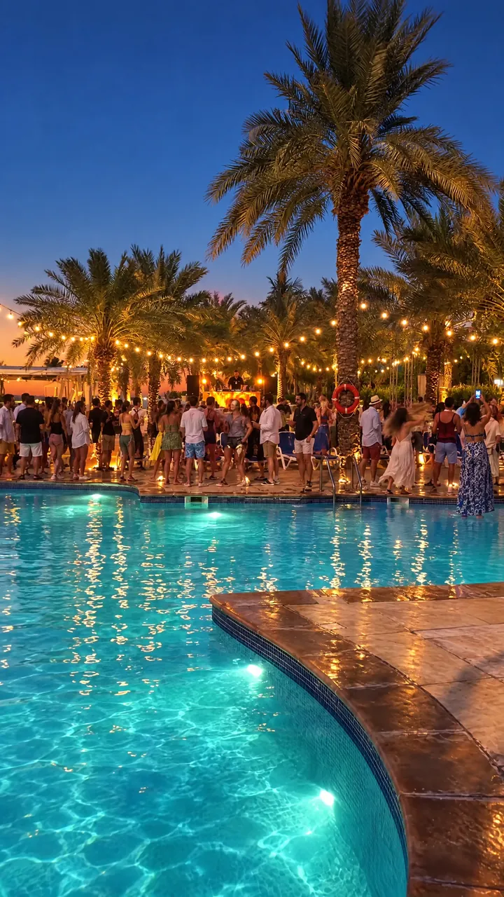 Blue hour at the pool, string lights, guests dancing between the palms. AI-generated image.