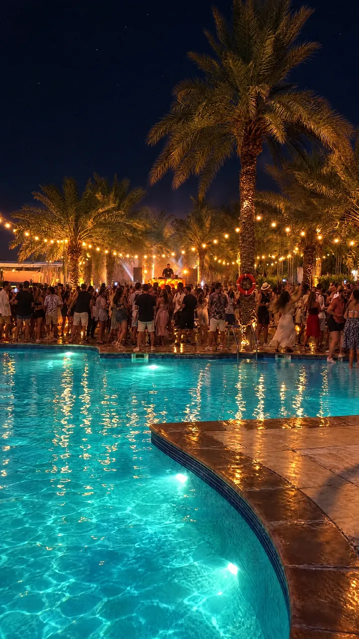 Night at the pool, the party at its peak, a DJ booth glowing behind the crowd. AI-generated image.