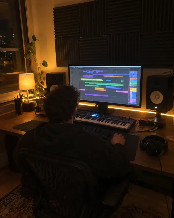 A producer at night in the studio, seen from behind. AI-generated image.