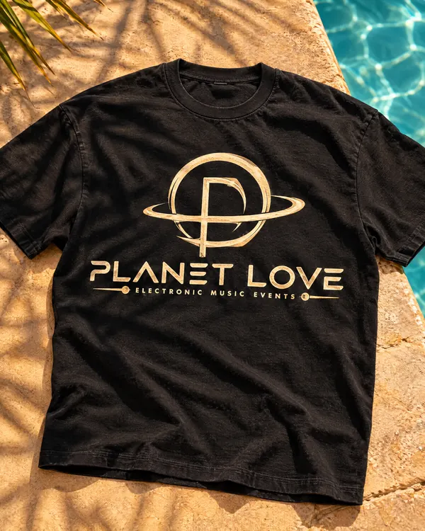 Black T-shirt with the Planet Love logo on sandstone by the pool. AI visualisation, not the final product.